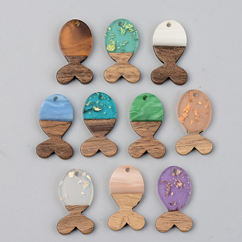 Resin & Walnut Wood Pendants, Fish, Mixed Color, 28x16x3mm, Hole: 2mm