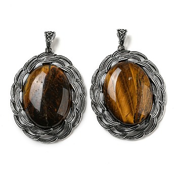 Natural Tiger Eye Big Pendants, Tibetan Style Antique Silver Plated Alloy Oval Charms, 61x47x12~14mm, Hole: 8.5x5.5mm