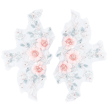 2Pcs Polyester Computerized Embroidered Appliques, with Resin Beads, Flower, Misty Rose, 402x225x18mm