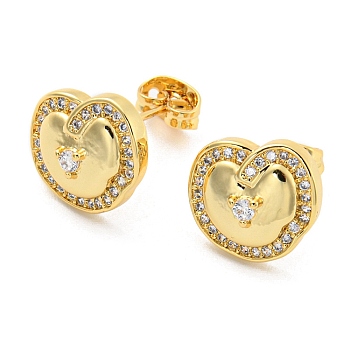 Cubic Zirconia Stud Earrings, Brass Jewelry for Women, Cadmium Free & Lead Free, Heart, Real 18K Gold Plated, 11x12mm