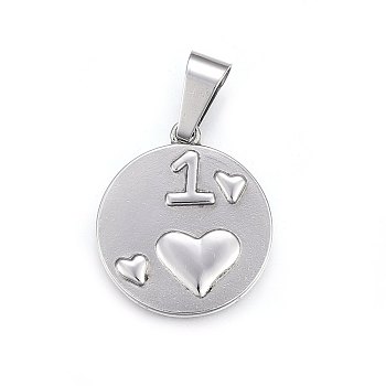 304 Stainless Steel Pendants, Flat Round with Heart and Number 1, Stainless Steel Color, 28.5x25x3mm, Hole: 11x5mm