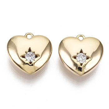 Brass Micro Cubic Zirconia Charms, Nickel Free, Real 18K Gold Plated, Heart, Clear, 9x9x3mm, Hole: 0.8mm