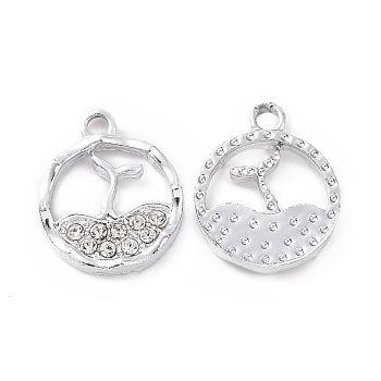 Alloy Rhinestone Charms, Platinum Tone Flat Round with Fish Tail Shape, Crystal, 15x12.5x2.5mm, Hole: 1.6mm