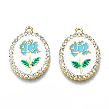 Rack Plating Alloy Enamel Pendants, with Crystal Rhinestone, Cadmium Free & Nickel Free & Lead Free, Light Gold, Oval with Flower of Life, Sky Blue, 27x19.5x2.5mm, Hole: 1.6~1.8mm