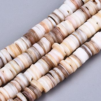 Natural Freshwater Shell Beads Strands, Heishi Beads, Flat Round/Disc, BurlyWood, 6~7x0.5~3mm, Hole: 1mm, about 195~205pcs/strand, 15.35 inch(39cm)