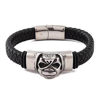 Men's Braided Black PU Leather Cord Bracelets, Skull 304 Stainless Steel Link Bracelets with Magnetic Clasps, Antique Silver, 8-5/8 inch(22cm), 20mm