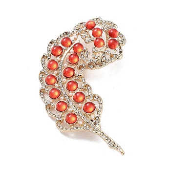 Leaf Alloy Pave Acrylic Rhinestone Brooch, Golden for Women, Red, 83x51x15mm