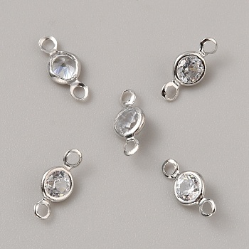 Brass Pave Clear Cubic Zirconia Connector Charms, Flat Round Links, Platinum, 10x4.5x2.5mm, Hole: 1.4mm