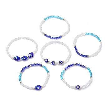 6Pcs 6 Style Glass & Lampwork Evil Eye & Hamsa Hand Beaded Stretch Bracelets Set, Blue, Inner Diameter: 2-1/8 inch(5.5cm), 1Pc/style