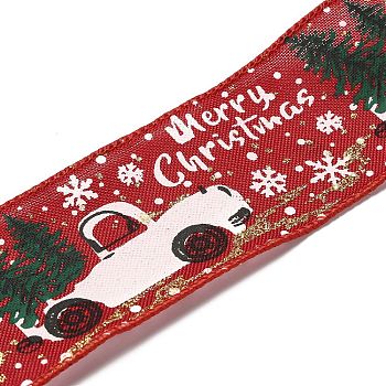 Christmas Theme Polyester Imitation Linen Ribbon, for Christmas Crafts Decoration, Car Pattern, FireBrick, 2 inch(50mm), about 5m/1pc