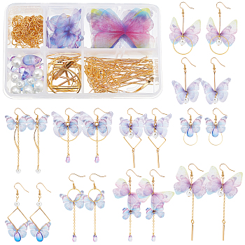 DIY Earring Making Kit, Including Glass Beads & Charms, Brass Earring Hooks, Eye Pins, Flat Head Pins & Jump Rings, Polyester Decorations, Iron Bar Links, 304 Stainless Steel Pendants,, Mixed Color, 24x30mm