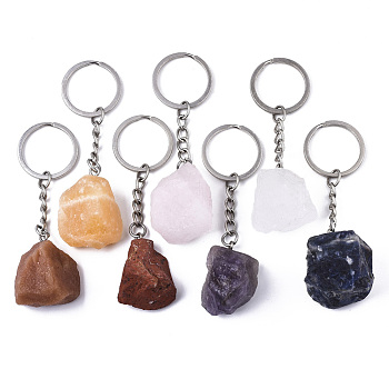 Natural Mixed Stone Keychain, with Platinum Plated Stainless Steel Split Key Rings, Nuggets, 89~95mm