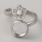 304 Stainless Steel Cuff Pad Ring Settings, Flower Open Rings with Round Tray, Stainless Steel Color, US Size 6 1/2(16.9mm), Tray: 8mm(STAS-WH0027-46B)