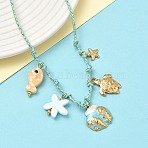 Ocean Theme Starfish Fish Turtle Shell Shape 304 Stainless Steel Pendant Necklaces, with Handmade Ceramics, Cadmium Free & Lead Free & Nickel Free, Golden, 17.13 inch(43.5cm)(NJEW-D344-03G)