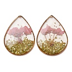 Brass & Transparent Epoxy Resin & Dried Flower Pendants, Teardrop with Flower Pattern Charms, with ABS Imitation Pearl & Glass, Pink, 35x25.5x3.5mm, Hole: 1.2mm(RESI-G133-04G-01)
