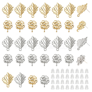32Pcs 4 Style Alloy Stud Earring Findings, with Loops and 304 Stainless Steel Pins, Leaf & Flower, Cadmium Free & Nickel Free & Lead Free, with 50Pcs Plastic Ear Nuts, Platinum & Light Gold, 23.5x17.5mm, Hole: 1.8mm, 17x13mm, Hole: 2mm, Pin: 0.7mm, 8Pcs/style(FIND-DC0001-98)