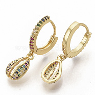 Brass Micro Pave Colorful Cubic Zirconia Dangle Hoop Earrings, Cowrie Shell Shape, Real 16K Gold Plated, 26.5mm, Pin: 1x1mm(EJEW-S208-086)