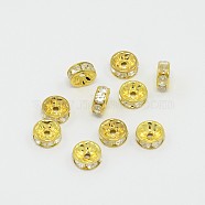 Brass Rhinestone Spacer Beads, Grade B, Clear, Golden Metal Color, Size: about 8mm in diameter, 3mm thick, hole: 1.5mm(RSB038-B01G)