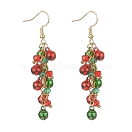 Christmas Bell Glass Dangle Earrings, Golden Brass Cluster Earrings, Colorful, 60mm(EJEW-JE05271)