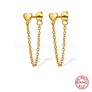 925 Sterling Silver Heart Stud Earrings, Chains Front Back Stud Earrings, with 925 Stamp, Real 18K Gold Plated, 24mm(QG1796-1)