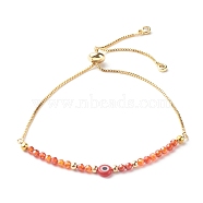 Brass Slider Bracelets, with Cubic Zirconia Beads, Handmade Evil Eye Lampwork Flat Round Beads, Tomato, Inner Diameter: 3/4~3-1/2 inch(2~8.9cm)(BJEW-JB06594-03)