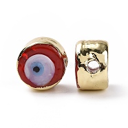 Handmade Evil Eye Lampwork Beads, with Golden Tone Brass Findings, Long-Lasting Plated, Cadmium Free & Lead Free, Flat Round, Red, 12.5x8mm, Hole: 2.5mm(LAMP-P057-05G-04)