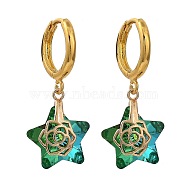 Brass Huggie Hoop Earring, with Electroplate Glass Pendants, Star, Golden, Green, 31.5mm, Pin: 1mm(EJEW-JE04261-03)