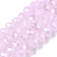 Electroplate Glass Beads Strands, Imitation Jade Beads, Pearl Luster Plated, Faceted, Rondelle, Pearl Pink, 10x8mm, Hole: 1mm, about 63~65pcs/strand, 49~50cm(EGLA-A034-J10mm-A03-01)