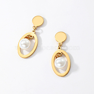 Elegant Classic Stainless Steel Pearl Stud Earrings for Women, Oval, Real 18K Gold Plated, 32x13mm(BL9046)