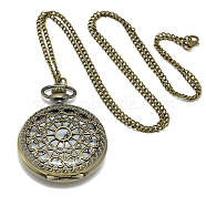 Alloy Flat Round Pendant Necklace Pocket Watch, with Iron Chains and Lobster Claw Clasps, Quartz Watch, Antique Bronze, 31.5 inch, Watch Head: 61x47x16mm(WACH-N012-04)