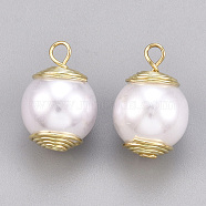 ABS Plastic Imitation Pearl Pendants, with Brass Findings, Round, Creamy White, Real 18K Gold Plated, 15x9.5mm, Hole: 1.5mm(KK-S348-176)