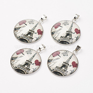 304 Stainless Steel Glass Pendants, Flat Round, Gray, 35~36x31x7~8mm, Hole: 4x6mm(STAS-G131-30mm-01P)