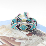 Polyester Braided Rhombus Pattern Cord Bracelet, Ethnic Tribal Adjustable Brazilian Bracelet for Women, Light Sky Blue, 5-7/8 inch(15cm)(FIND-PW0013-004A-17)