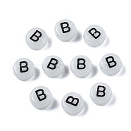 Acrylic Beads, with Enamel and Luminous, Horizontal Hole, Flat Round with Black Letter, Glow in the Dark, Light Grey, Letter.B, 7x3.5mm, Hole: 1.5mm, about 3600~3700pcs/500g(SACR-S273-29B)