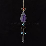 Natural Agate Piece Hanging Ornaments, Metal Moon & Planet and Glass Cone Tassel Suncatchers for Home Outdoor Decoration, Dark Violet, 450mm(PW-WG42030-03)