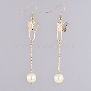 Dangle Earrings, with Glass Pearl Round Beads, Iron Bar Links, Brass Pendant and Earring Hooks, Butterfly & Oval, Lemon Chiffon, 81mm, Pin: 0.7mm(EJEW-JE03972-02)