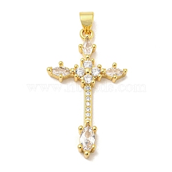 Rack Plating Brass Micro Pave Cubic Zirconia Pendants, Long-Lasting Plated, Lead Free & Cadmium Free, Cross Charm, Religion, Real 18K Gold Plated, 34x19.5x3.5mm, Hole: 5x3mm(KK-F869-15G)