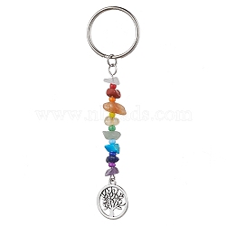 Tree of Life Tibetan Style Alloy Pendant Keychains, with Natural Gemstone Chip Beads and Iron Split Key Rings, Flat Round, 10.1cm(KEYC-JKC00689-01)