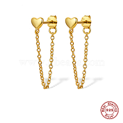 925 Sterling Silver Heart Stud Earrings, Chains Front Back Stud Earrings, with 925 Stamp, Real 18K Gold Plated, 24mm(QG1796-1)