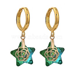 Brass Huggie Hoop Earring, with Electroplate Glass Pendants, Star, Golden, Green, 31.5mm, Pin: 1mm(EJEW-JE04261-03)