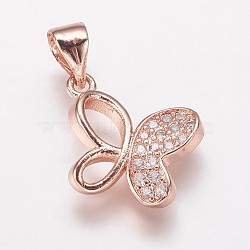 Brass Cubic Zirconia Pendants, Butterfly Charms, Rose Gold, 12x14x2.5mm, Hole: 3.5x5mm(ZIRC-K070-22RG)