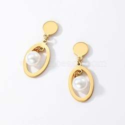 Elegant Classic Stainless Steel Pearl Stud Earrings for Women, Oval, Real 18K Gold Plated, 32x13mm(BL9046)