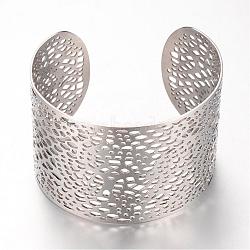 304 Stainless Steel Filigree Cuff Bangles, Wide Band Bangles, Stainless Steel Color, 2-1/4 inch(55mm)(STAS-S060-15)