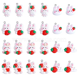 24Pcs 6 Styles Opaque Resin Pendants, with Platinum Tone Iron Loops, Mixed Rabbit with Strawberry Shapes, White, 22~27.5x16.5~24.5x7.5~8mm, Hole: 2mm, 4pcs/style(FIND-SZ0002-59)