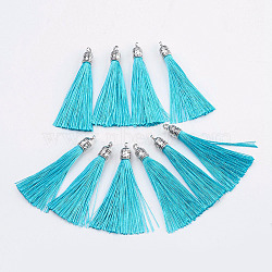 Nylon Tassels Big Pendant Decorations, with Antique Silver Alloy Findings, Sky Blue, 55~67x7mm, Hole: 2mm(STAS-F142-07K)