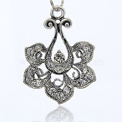 Vintage Flower Pendant Necklace Findings, Alloy Crystal Rhinestone Pendants, Antique Silver, 43.5x33x7mm, Hole: 3mm(TIBE-M001-135)