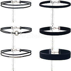 6Pcs 6 Styles Velvet & Imitation Leather Choker Necklaces, with Brass & 304 Stainless Steel End Chains, Platinum and Stainless Steel Color, Black, 13.39 inch(34cm), 1pc/style(NJEW-SC0001-71)