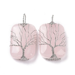 Natural Rose Quartz Copper Wire Wrapped Pendants, Rectangle with Tree of Life Charms, Platinum, 46~49x25~27x10~12mm, Hole: 8x9mm(G-H281-08P-06)