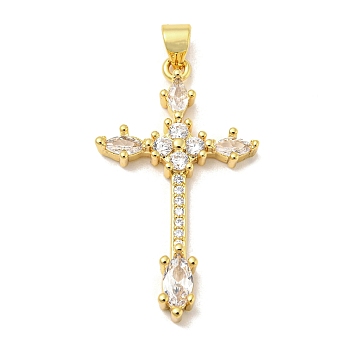 Rack Plating Brass Micro Pave Cubic Zirconia Pendants, Long-Lasting Plated, Lead Free & Cadmium Free, Cross Charm, Religion, Real 18K Gold Plated, 34x19.5x3.5mm, Hole: 5x3mm