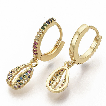 Brass Micro Pave Colorful Cubic Zirconia Dangle Hoop Earrings, Cowrie Shell Shape, Real 16K Gold Plated, 26.5mm, Pin: 1x1mm